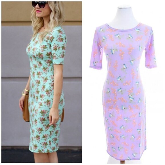 NWT LulaRoe Julia Purple Blue Bird Print Sheath Bodycon Dress Unicorn NEW Sz M - Picture 11 of 11
